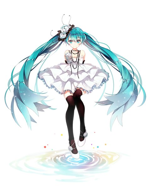 Anime picture 900x1128 with vocaloid hatsune miku lf single tall image looking at viewer blush fringe simple background smile white background bare shoulders bent knee (knees) very long hair hair flower aqua eyes aqua hair hands behind back girl thighhighs