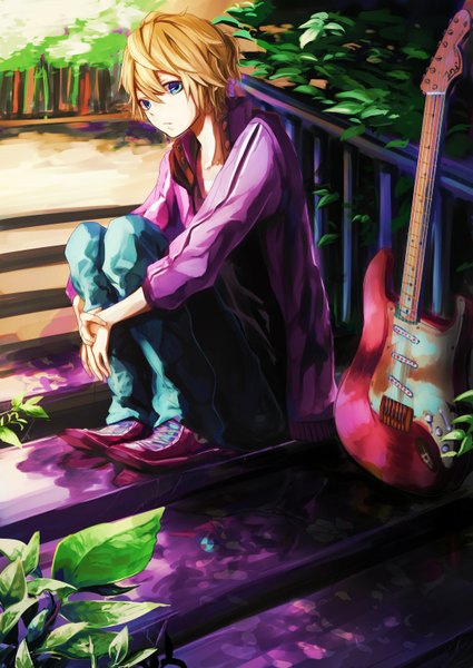 Anime picture 2149x3035 with vocaloid kagamine len asasumiboochan single tall image highres short hair blue eyes blonde hair sitting boy plant (plants) jacket musical instrument stairs sneakers guitar