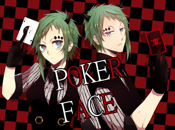 Anime picture 1400x1040 with vocaloid poker face (vocaloid) gumi gumo gumiya nitaka (fujikichi) short hair blue eyes horn (horns) green hair tattoo couple facial mark face paint checkered background skull and crossbones girl boy gloves necktie