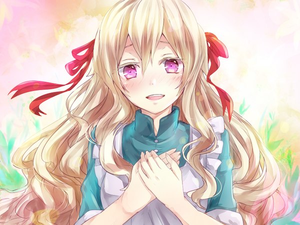 Anime picture 1400x1050 with kagerou project shaft (studio) mary (kagerou project) tomozero single long hair looking at viewer blush fringe open mouth blonde hair hair between eyes purple eyes upper body girl ribbon (ribbons) hair ribbon apron