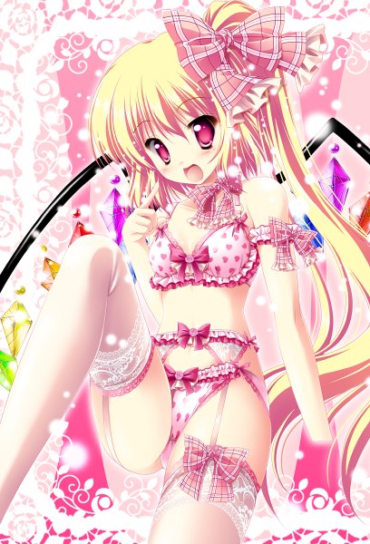 Anime picture 816x1200 with touhou flandre scarlet kamiya tomoe single long hair tall image blush open mouth light erotic blonde hair game cg pink eyes underwear only one side up girl thighhighs underwear panties bow hair bow