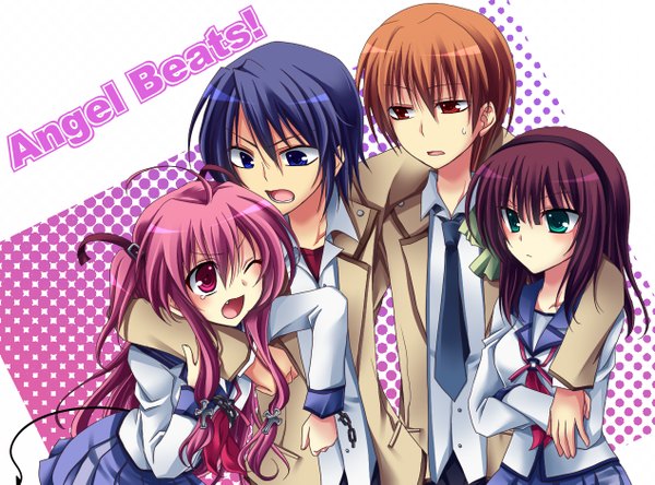 Anime picture 1268x939 with angel beats! key (studio) nakamura yuri yui (angel beats!) otonashi yuzuru hinata hideki open mouth brown hair white background green eyes pink hair one eye closed pink eyes wink sweat tears group sweatdrop polka dot uniform