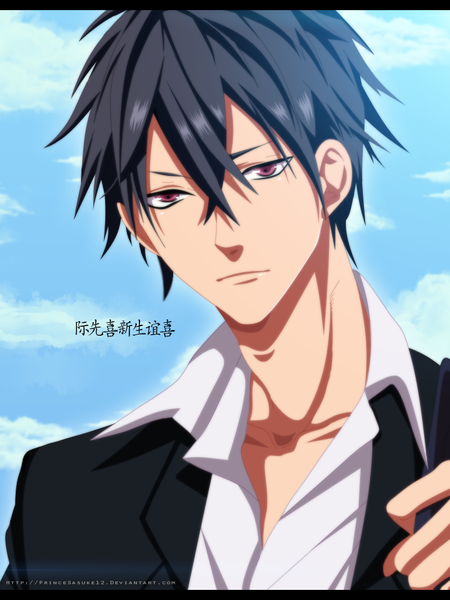 Anime picture 800x1067 with original akira-12 single tall image short hair black hair sky cloud (clouds) pink eyes coloring hieroglyph portrait boy suit