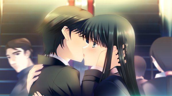 Anime picture 1280x720 with white album 2 touma kazusa long hair blush short hair blue eyes black hair wide image game cg couple kiss girl boy