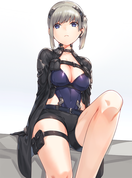 Anime picture 797x1070 with original kfr single tall image short hair breasts blue eyes light erotic simple background white background looking away cleavage bent knee (knees) grey hair from below side ponytail girl gloves black gloves shorts