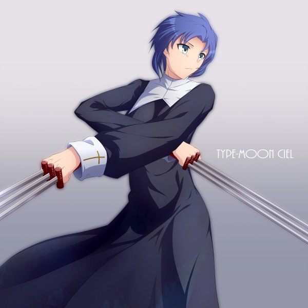 Anime picture 2400x2400 with shingetsutan tsukihime type-moon ciel (tsukihime) kokutou single highres short hair blue eyes simple background blue hair nun girl weapon