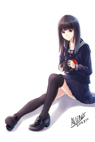Anime picture 3897x5826 with original allenes single long hair tall image looking at viewer highres black hair simple background white background signed absurdres black eyes girl thighhighs skirt uniform black thighhighs serafuku camera