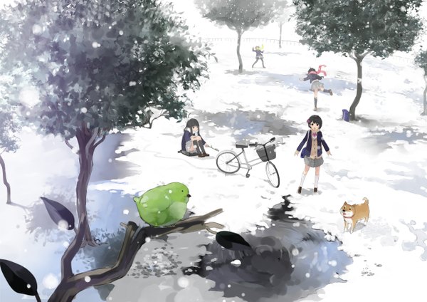 Anime picture 2480x1753 with nauribon long hair highres short hair black hair multiple girls hair flower snowing winter snow girl skirt uniform hair ornament plant (plants) school uniform miniskirt animal tree (trees) serafuku