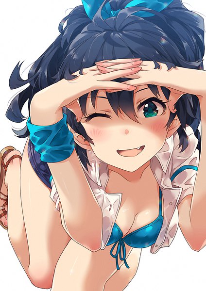 Anime picture 849x1200 with idolmaster ganaha hibiki narumi arata single long hair tall image looking at viewer fringe breasts blue eyes light erotic black hair simple background hair between eyes white background cleavage ahoge ponytail one eye closed arms up