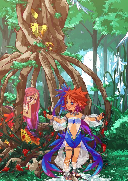 Anime picture 1190x1684 with original moonreal long hair tall image blush short hair open mouth blue eyes smile red eyes multiple girls pink hair red hair light smile fantasy ghost transparent girl 2 girls plant (plants)
