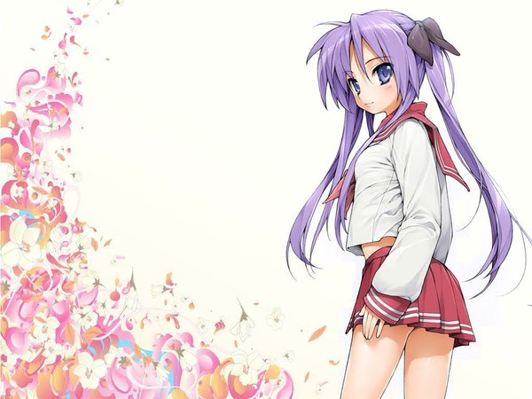 Anime picture 1024x768 with lucky star kyoto animation hiiragi kagami ishikei blue eyes twintails purple hair looking back wallpaper jpeg artifacts girl uniform flower (flowers) school uniform