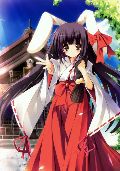 Anime picture 2043x2911 with original mizusawa mimori single long hair tall image blush highres black hair red eyes traditional clothes bunny ears miko girl petals