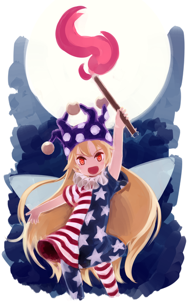 Anime picture 1240x2000 with touhou clownpiece sakana (packetsjp) single long hair tall image looking at viewer fringe open mouth blonde hair red eyes standing :d arm up short sleeves outstretched arm star print asymmetrical legwear flag print girl