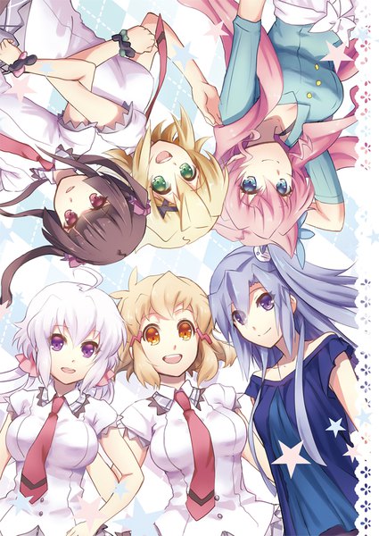 Anime picture 711x1004 with senki zesshou symphogear satelight yukine chris tachibana hibiki kazanari tsubasa tsukuyomi shirabe akatsuki kirika maria cadenzavuna eve touyama sabu long hair tall image looking at viewer fringe short hair breasts open mouth blue eyes blonde hair smile hair between eyes