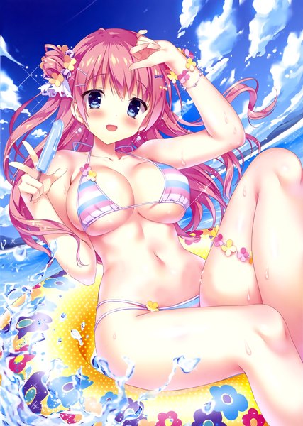 Anime picture 2236x3145 with dengeki moeou kimishima ao single long hair tall image looking at viewer blush fringe highres breasts open mouth blue eyes light erotic large breasts sitting pink hair sky cloud (clouds) :d scan
