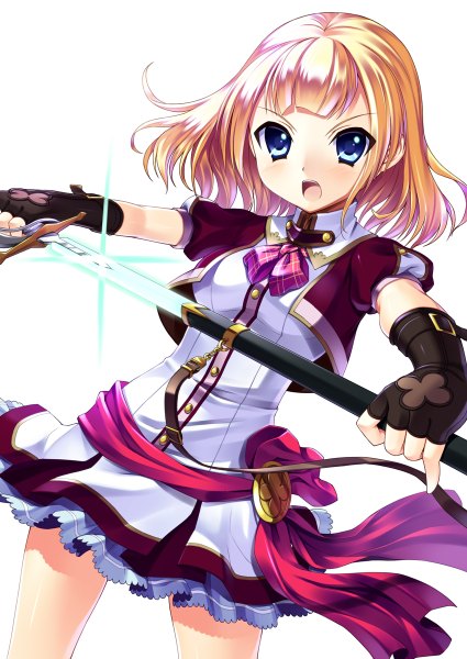 Anime picture 850x1200 with original bucchake (asami) single tall image looking at viewer blush fringe short hair open mouth blue eyes simple background blonde hair white background plaid glowing weapon warrior girl skirt gloves uniform