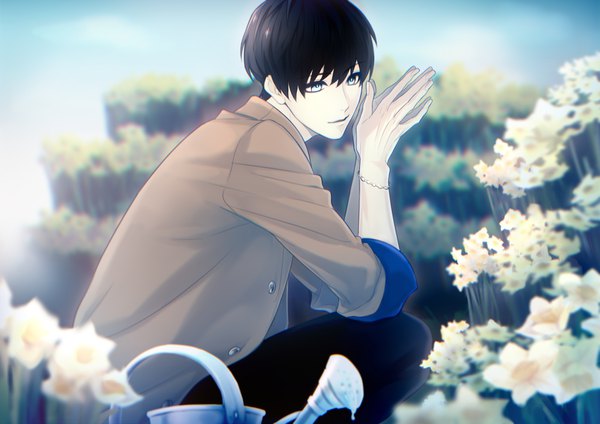 Anime picture 2000x1414 with a3! tsukioka tsumugi asarai single fringe highres short hair blue eyes black hair hair between eyes open jacket depth of field looking down squat anaglyph hands clasped twisty sleeves boy flower (flowers) jacket