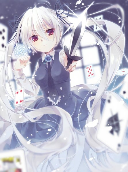 Anime picture 1174x1581 with original otogaki yoro single long hair tall image looking at viewer blush red eyes twintails silver hair girl dress hair ornament flower (flowers) ribbon (ribbons) hair ribbon earrings window rose (roses) insect