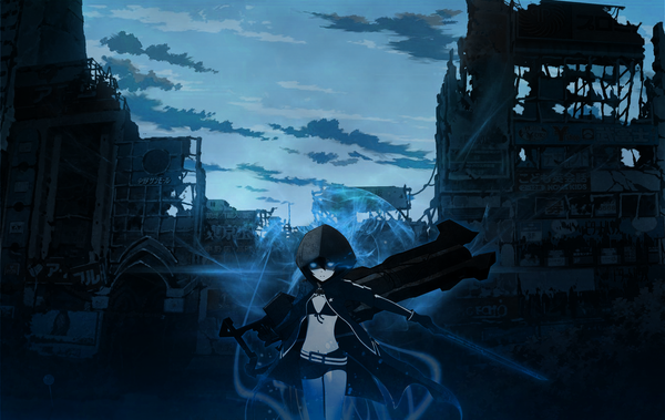 Anime picture 1421x899 with black rock shooter black rock shooter (character) single looking at viewer blue eyes black hair sky cloud (clouds) glowing glowing eye (eyes) ruins girl gloves navel weapon sword shorts hood bikini top