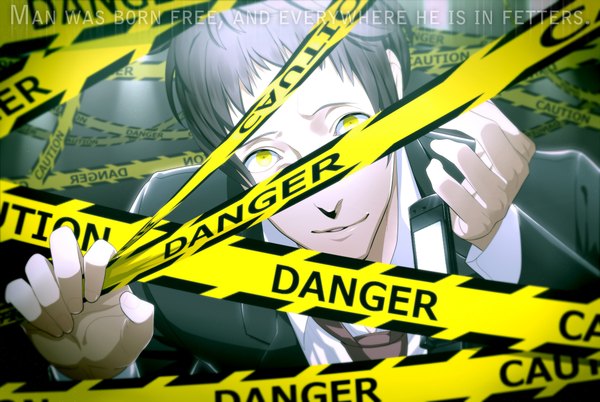 Anime picture 1932x1296 with persona 4 persona adachi tooru johnny lmd single looking at viewer highres short hair black hair yellow eyes inscription boy necktie suit mobile phone caution tape
