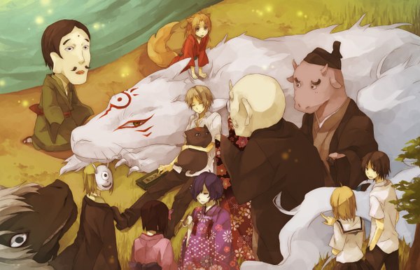 Anime picture 1362x875 with natsume yuujinchou brains base (studio) natsume takashi madara (nyanko-sensei) tanuma kaname kogitsune riou (natsume yuujinchou) hinoe hiiragi (natsume) benio misuzu taki tooru hitotsume no chuukyuu youkai chobi-hige tama (natsume yuujinchou) yuzu fringe blonde hair brown hair animal ears