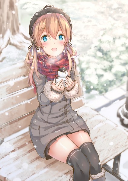 Anime picture 1181x1670 with kantai collection prinz eugen (kantai collection) yukishiro arute single long hair tall image looking at viewer blush fringe open mouth blue eyes blonde hair hair between eyes sitting twintails holding outdoors pleated skirt from above alternate costume