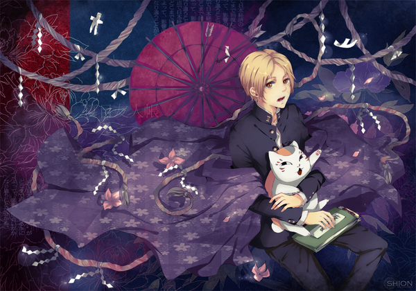 Anime picture 1500x1051 with natsume yuujinchou brains base (studio) natsume takashi madara (nyanko-sensei) saito yukihiro short hair open mouth blonde hair brown eyes hug hieroglyph boy uniform flower (flowers) school uniform animal book (books) umbrella cat arrow (arrows)