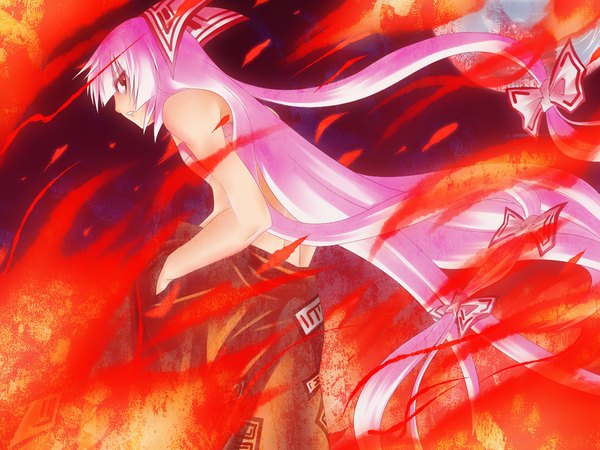 Anime picture 1024x768 with touhou fujiwara no mokou sha (pixiv) long hair silver hair girl ribbon (ribbons) fire sarashi