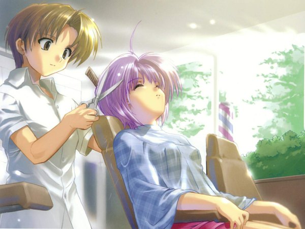 Anime picture 1200x902 with iriya no sora ufo no natsu toei animation iriya kana asaba naoyuki short hair hairdressing cutting hair haircut tagme