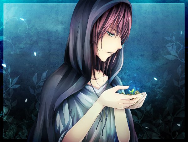 Anime picture 1200x904 with original nyaroro (artist) single long hair green eyes red hair night clothes on shoulders boy plant (plants) petals hood cloak