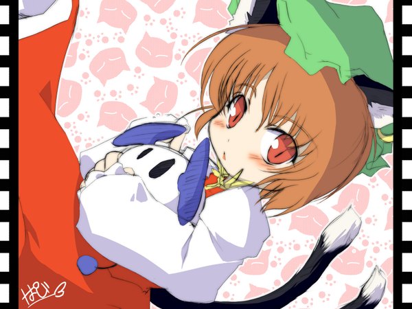 Anime picture 1600x1200 with touhou chen paji highres short hair red eyes brown hair animal ears tail cat ears cat tail crossover girl hat earrings jewelry mouse chu chu rocket