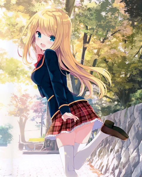 Anime picture 2269x2827 with girlfriend (kari) chloe lemaire qp:flapper single long hair tall image looking at viewer blush fringe highres open mouth blue eyes blonde hair smile standing bent knee (knees) outdoors pleated skirt looking back sunlight