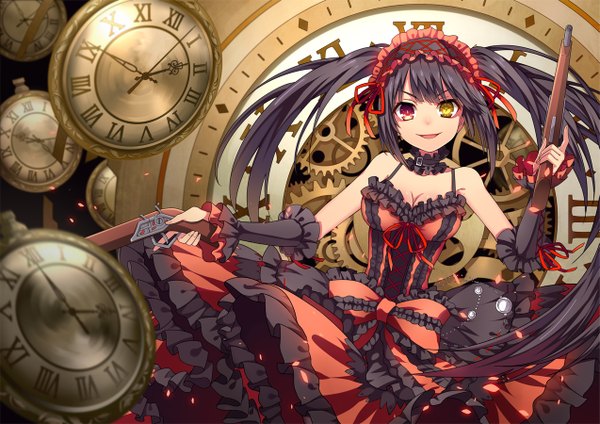 Anime picture 1273x900 with date a live tokisaki kurumi sougishi ego single long hair looking at viewer open mouth black hair smile twintails heterochromia uneven twintails girl dress weapon detached sleeves frills headdress gun clock