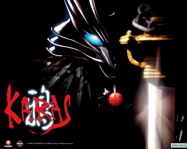 Anime picture 1280x1024 with karas blue eyes black background sword katana chain feather (feathers) helmet