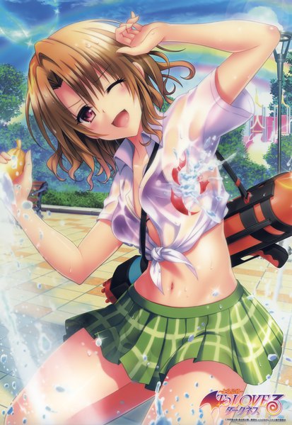 Anime picture 2722x3951 with toloveru toloveru darkness xebec momioka risa yabuki kentarou single tall image looking at viewer blush highres short hair open mouth light erotic brown hair purple eyes sky cloud (clouds) head tilt pleated skirt one eye closed