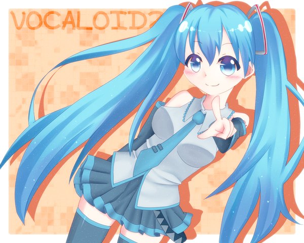 Anime picture 1280x1024 with vocaloid hatsune miku tagme (artist) single long hair looking at viewer blush breasts blue eyes smile bare shoulders blue hair inscription shiny orange background girl thighhighs skirt detached sleeves miniskirt