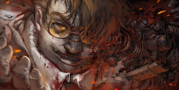 Anime picture 1400x707 with hellsing major (hellsing) rained (artist) single fringe short hair brown hair wide image brown eyes hair over one eye destruction mechanical boy glasses blood wire (wires) gears android