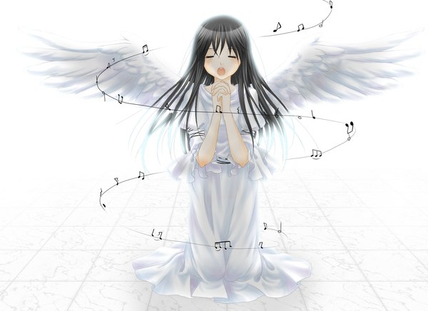 Anime picture 1340x975 with ujou kazuki (artist) long hair open mouth black hair simple background white background eyes closed kneeling singing music praying girl wings