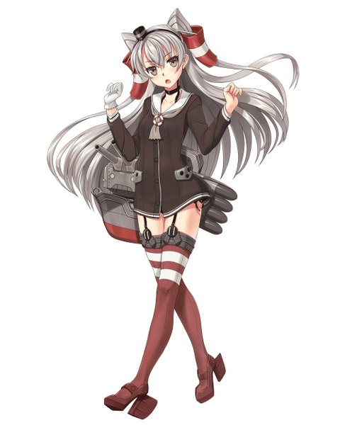 Anime picture 1000x1250 with kantai collection amatsukaze destroyer rensouhou-kun hammerman benkei single long hair tall image blush open mouth white background brown eyes silver hair two side up girl thighhighs weapon hat hair tubes sailor suit mini hat