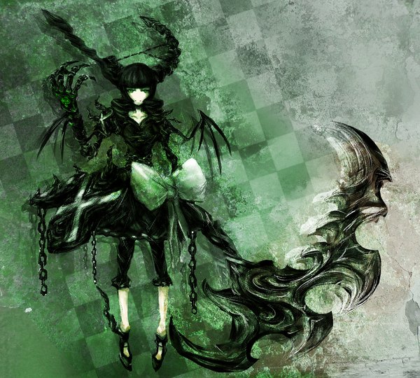 Anime picture 2000x1800 with black rock shooter dead master single long hair fringe highres twintails green eyes horn (horns) teeth fang (fangs) drill hair girl dress gloves bow weapon chain scythe