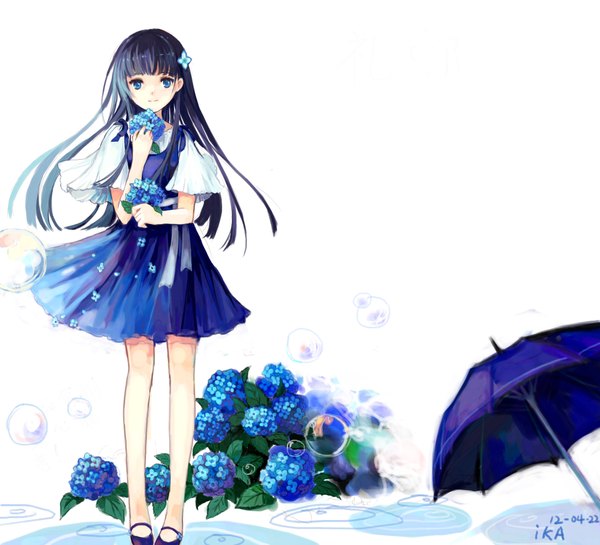 Anime picture 2200x2000 with sankarea studio deen sanka rea aki single long hair fringe highres blue eyes simple background white background hair flower girl hair ornament flower (flowers) petals shoes umbrella sundress bubble (bubbles)