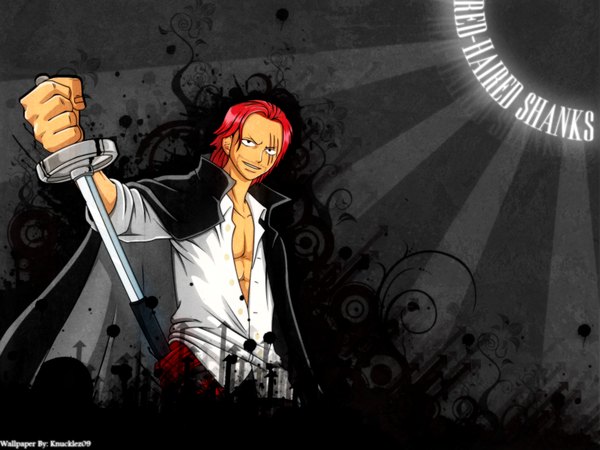 Anime picture 1600x1200 with one piece toei animation shanks single looking at viewer short hair standing holding red hair character names black background scar muscle partially open clothes abs unsheathing boy shirt sword white shirt