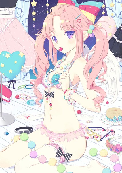 Anime picture 800x1132 with original nyanya single long hair tall image looking at viewer light erotic sitting purple eyes twintails pink hair sky night midriff night sky angel wings shooting star girl thighhighs navel