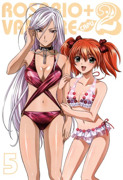 Anime picture 1098x1600 with rosario+vampire akashiya moka inner moka shuzen kokoa long hair tall image blush breasts open mouth light erotic red eyes twintails bare shoulders multiple girls green eyes silver hair red hair scan bare legs short twintails