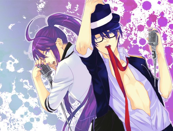 Anime picture 1187x900 with vocaloid kaito (vocaloid) kamui gakupo tagme (artist) long hair short hair holding blue hair purple hair ahoge nail polish one eye closed wink open clothes multiple boys open shirt mouth hold ribbon in mouth boy ribbon (ribbons)