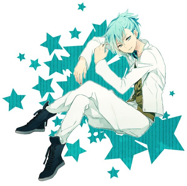 Anime picture 1300x1299 with uta no prince-sama a-1 pictures mikaze ai ono (0 no) single looking at viewer short hair simple background white background sitting aqua eyes aqua hair open clothes open jacket hug crossed legs lacing boy shirt jacket