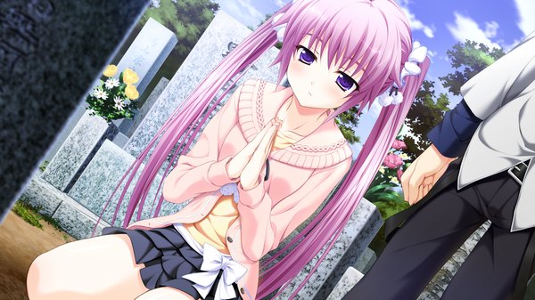 Anime picture 2560x1440 with yaneura no kanojo dp minase (artist) long hair highres wide image purple eyes twintails pink hair game cg girl skirt flower (flowers) miniskirt sweater tombstone