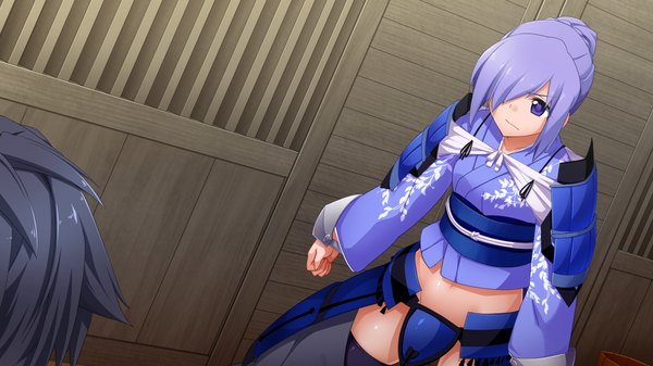 Anime picture 1280x720 with sengoku hime 4 fringe light erotic wide image purple eyes game cg purple hair traditional clothes japanese clothes hair over one eye girl kimono armor