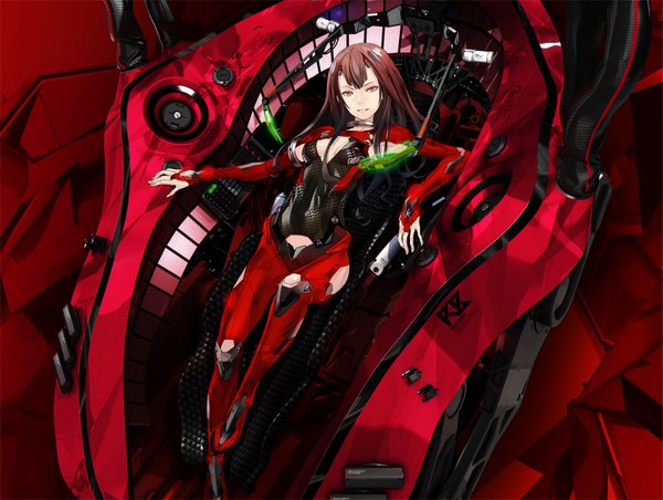 Anime picture 1697x1280 with original redjuice single long hair looking at viewer fringe light erotic red eyes brown hair cleavage bent knee (knees) lying on back spread arms girl gloves hair ornament elbow gloves headdress bodysuit