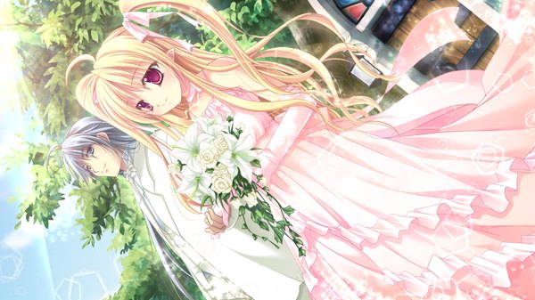 Anime picture 1024x576 with hanasaku otome to koi no grimoire long hair blue eyes blonde hair red eyes wide image twintails game cg ahoge grey hair couple girl dress boy flower (flowers) wedding dress